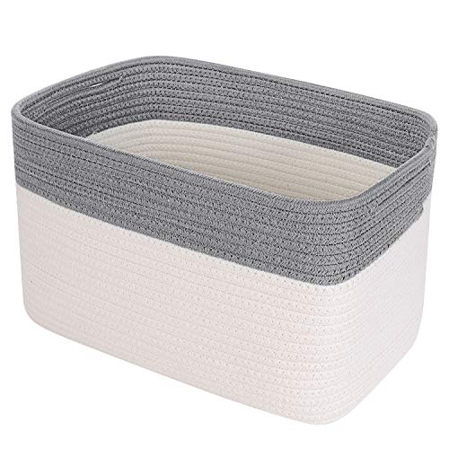Anminy 2Pcs Woven Cotton Rope Storage Baskets With Handles Large Washable Basket Set Decorative Storage Bins Boxes Nursery Baby Kid Toy Blanket Clothes Towel Laundry Organizer Containers - White/Gray #TOP1