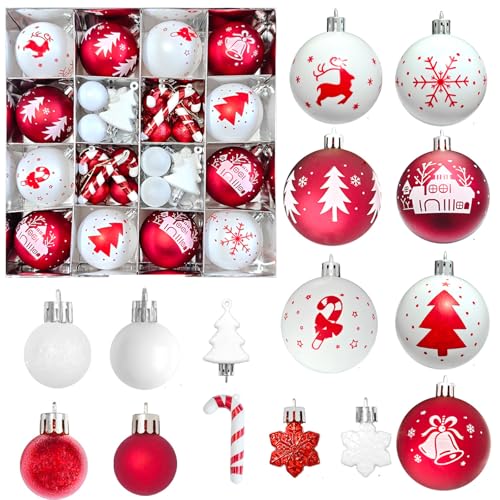 Feluxor Bolas de Navidad Blancas y Rojas 46 Piezas Navidad Plastico Bolas 6cm/3cm Bolas de Navidad Adornos Arbol Decoracion Ornamentales Arbol Navidad para Colgar Decoración Festiva