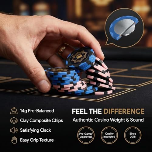 Image of HEITOK Professional Poker Chip Set 300 Count 14g Heavy Clay Composite with Iron Core for Texas Holdem and Teen Patti Includes Aluminum Case Cards Buttons