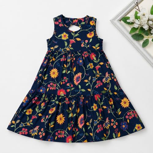 Image of The Magic Wand Kids Girls Printed Cotton Summer Dresses, Knee Length Sleeveless Casual Western Stylish One Piece Fit & Flared Frock for Beach & Vacations