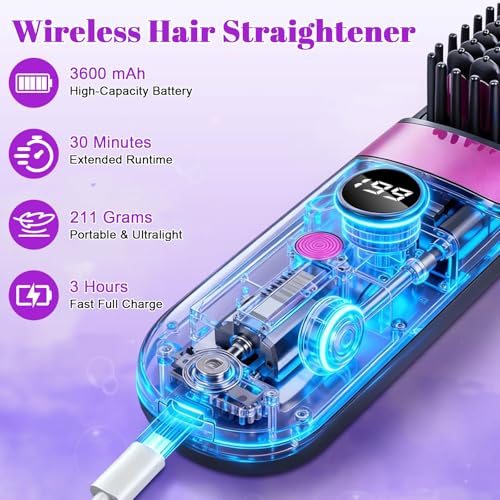 Go Brush Pro, Cordless Ceramic Hair Straighteners Brush, Portable Heated Straightener Brush for Short Hair, Rechargeable Hot Brushes Hair Styling Appliances for Women Men Travel & Daily - Image 6