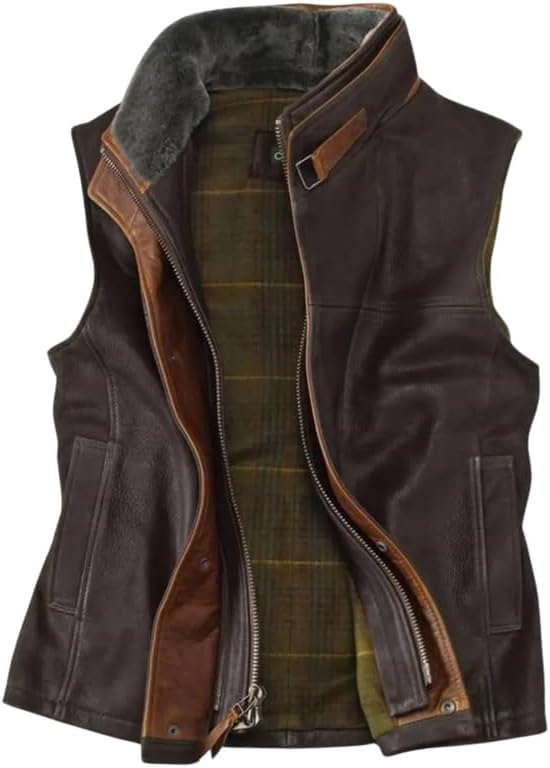 Men’s Real Leather Vest – Western Cowboy Vintage Sleeveless Outdoor Jacket with Wool Lining & Zip Closure