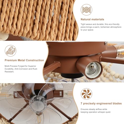 Depuley Boho Ceiling Fans with Lights: 20 Inch Wood Beaded Flush Mount Fandelier with Remote and Timer Control - Elegant Vintage Caged Ceiling Fan - Indoor Quiet 6 Speeds for Bedroom, Living Room by Depuley - Used condition - Image 7