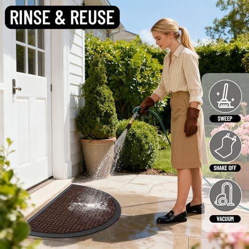 Image of OLANLY Half Circle Door Mat Outside Entrance 29.5x17, Absorbent, Heavy Duty Sturdy Natural Rubber Doormat Indoor Outdoor, Fade Resistant, Non-Slip Backing Low Profile Floor Mat for Entryway, Brown