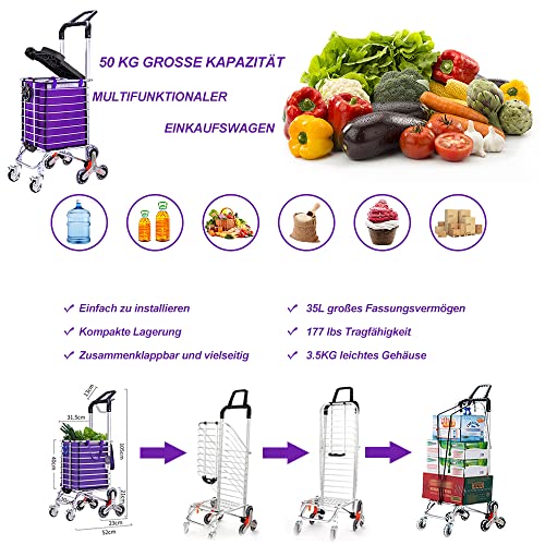 Einkaufstrolley, Einkaufswagen Trolly Klappbarer Bis 50kg, Einkaufstrolley Treppensteiger Mit 8 Räder, Einkaufstrolley… – Bild 3