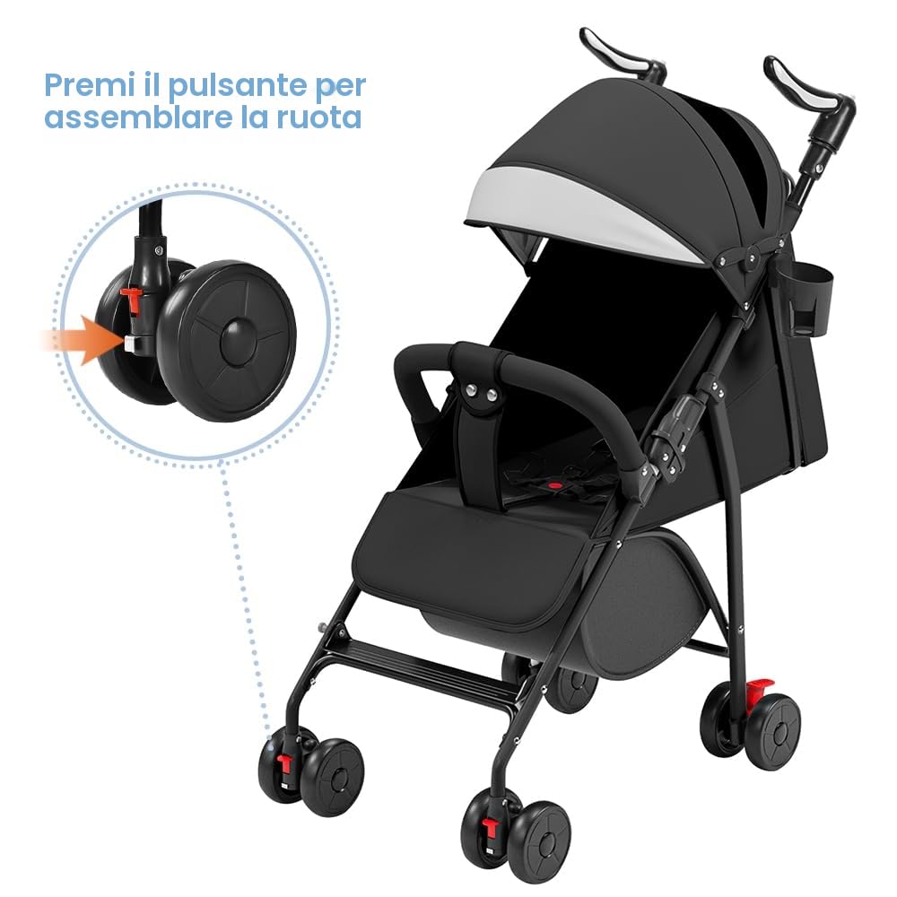 Ingenious, passeggino compatto con posizione sdraiata, dalla nascita ai 4 anni (fino a 25 kg), 47 x 72 x 97 cm, seduto/sdraiato, zanzariera in cotone, nero