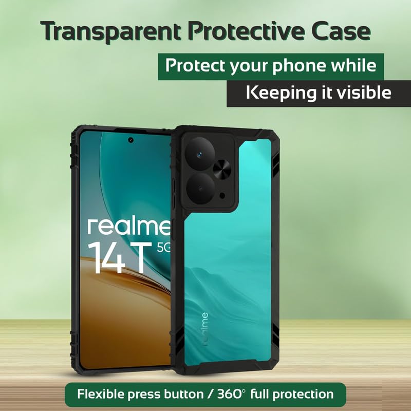 Image of AIBEX Crystal Clear Back Cover Case for Realme 14T 5G | Transparent Shockproof Case | 360 Protection | Slim TPU + PC Bumper | Non-Yellowing Clear Back | Precise Fit