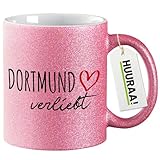 Huuraa Glitzer Kaffeebecher Dortmund verliebt Geschenk 330ml Pink Dortmund Mitbringsel