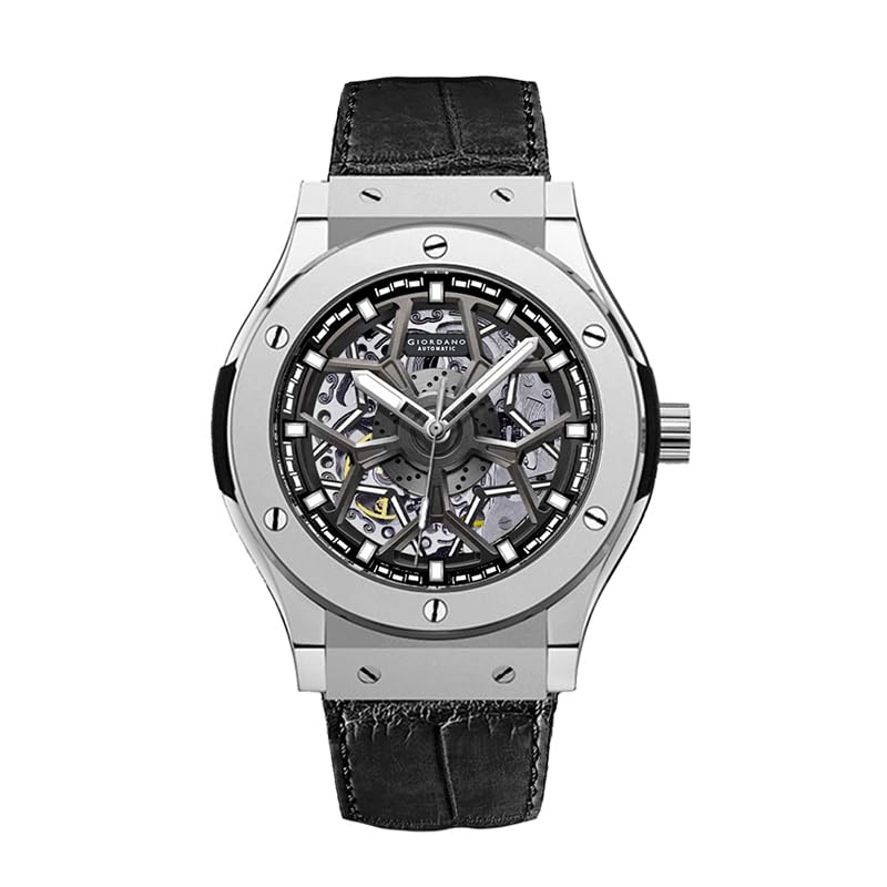 Giordano Automatic Watch for Men – Round Dial, Stainless Steel Case, Transparent Mechanical Movement, Luminous Hands, Black Leather Strap GZ-50194-11