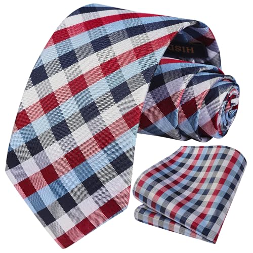 Image of HISDERN Ties for Men Formal Business Plaid Checked Mens Ties and Pocket Square Set Classic Wedding Necktie Handkerchief