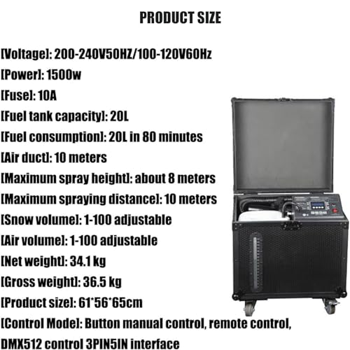 Máquina de nieve ultra silenciosa, 1500 W, profesional, con ruedas, pantalla LCD, control remoto y DMX512 miniatura 7