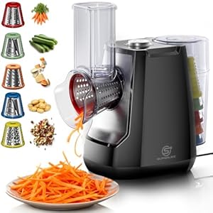 SUPERLEX Gemüseschneider Elektrisch 5-in-1 Gemüsehobel mit 5 Austauschbaren Trommelklingen Elektrische Reibe und Zerkleinerer für Obst Gemüse Käse Obst Nüsse Karotten Ein Klick Bedienung Reibe Küche