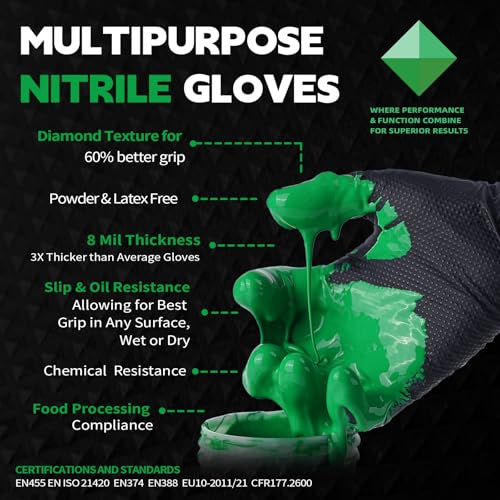 Image of FINITEX Industrial Diamond Texture Nitrile Black Glove - 100 /1000PCS Chemical Resistant 8mil Mechanic Disposable Gloves