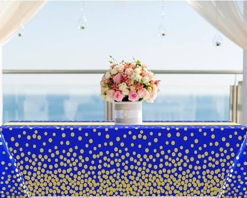 Image of Oudain 6 Pcs Blue and Gold Tablecloth for Parties Plastic Dot Tablecloths Printed Table Runner Waterproof Disposable Rectangle Table Cover for Birthday Wedding Graduation Party, 54 inch x 108 inch