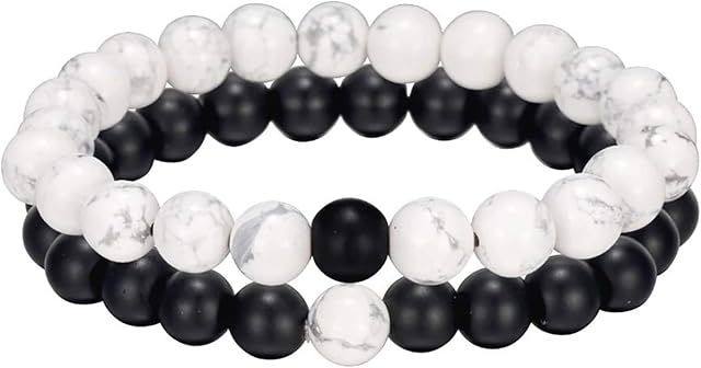 2PCS Bead Bracelets,Kucheed 8mm Natural Crystal Energy Stone Elastic Bangle,Yoga Black Matte Agate & White Howlite Bracelet,Couples Friendship Handmade Beads Bracelet Jewelry for Women Men