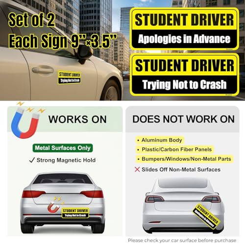 Image of Lusinus Student Driver Magnet for Car - 2-Pack Reflective Funny Magnetic Bumper Sticker Set - Removable Novice Driver Safety Attention Sign - Weather-Resistant (Yellow-Black)