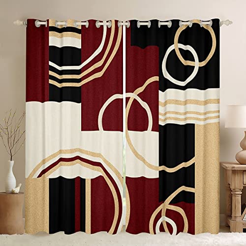 Modern Geometric Curtain Red Brown Black Striped Window Curtains Retro Circle Swirls Window Drapes Bedroom Decor Abstract Texture Color Art Window Treatments For Kids Adult 42"X84",2 Panels #TOP21