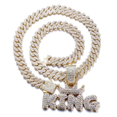 HALUKAKAH 18K Real Gold Plated Pendant Necklace Set for Men - Over 1000 Diamonds - Cuban Link Chain - Clustered Diamonds Crown King Letter Pendant - Hip Hop Style - Complete with Giftbox