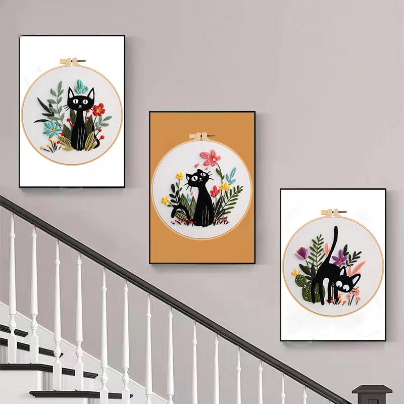 Image of Konrisa 3pcs Embroidery Kits for Beginners Creative Black Cat and Flower Pattern Cross Stitch Practice Kit DIY Sewing Needlepoint, Include 1pcs Hoop