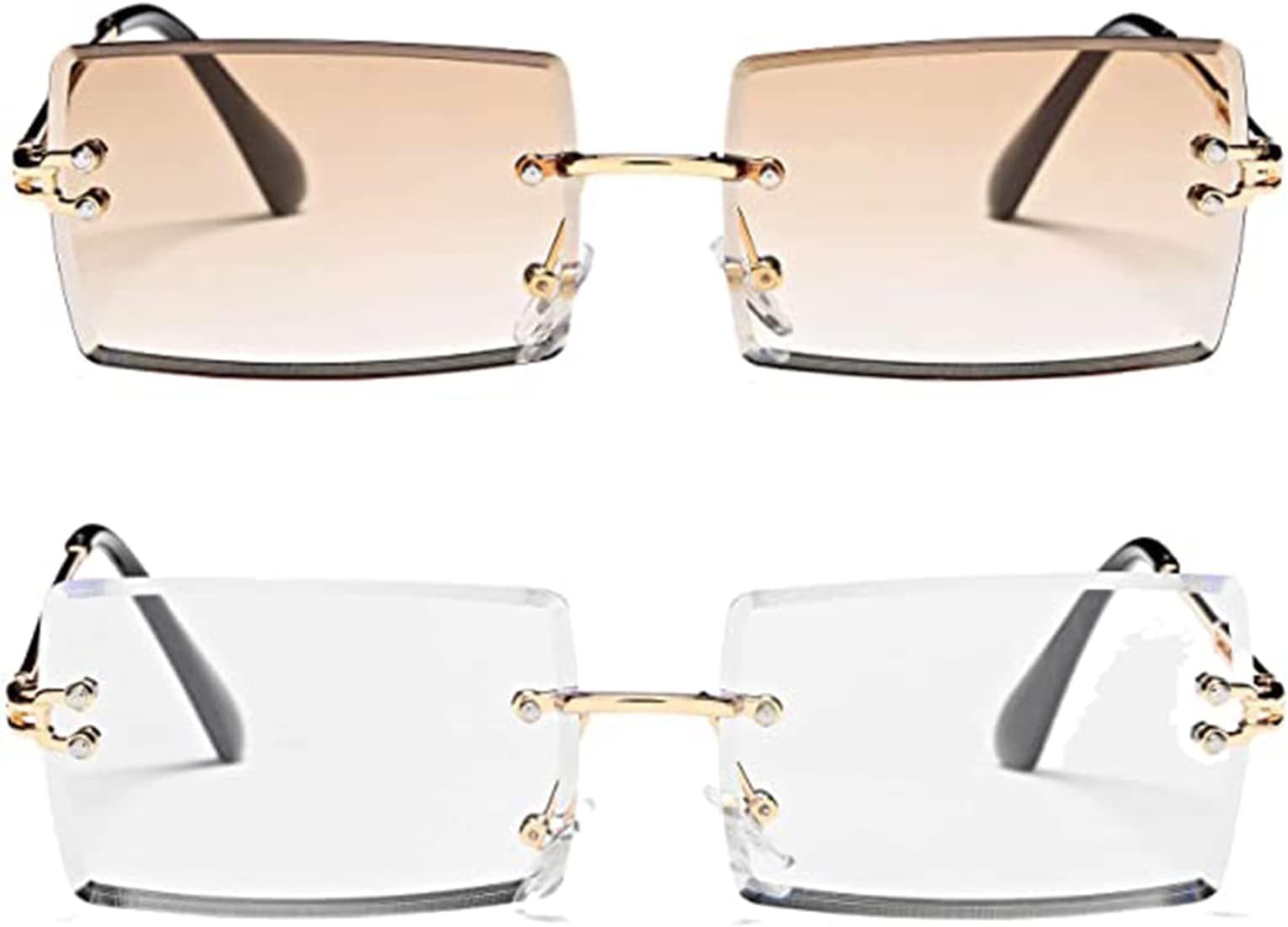 – Rimless Rectangle Sunglasses for Men Women - Small Square Shade Vintage Retro Eyewear With Metal Frame