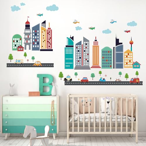 Lhiuem EBS1017UVT 49Pcs Cars City Wall Decals Removable Sticker For Kids Cartoon Cloud Skyscraper Construction Wall Stickers Airplane Kids Wall Decor Children'S Day Gift Wallpapers For Nursery Classroom Playroom thumb #2