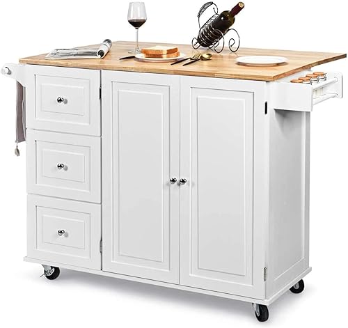 Moccha - Carrito de isla de cocina con mesa de hojas caídas isla de cocina rodante con armario grande 3 cajones estante de especias toallero carrito