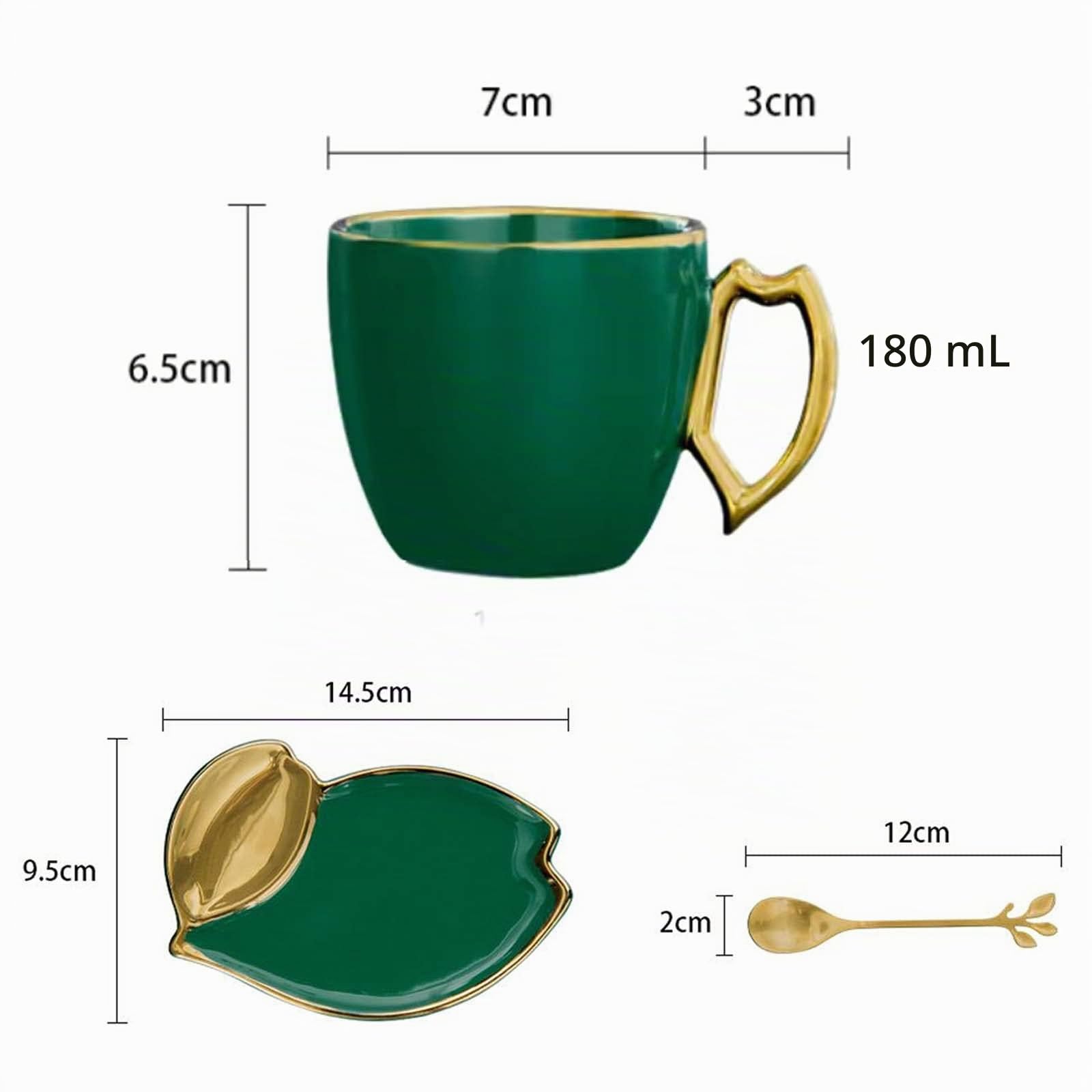 Ensemble de 2 tasses en porcelaine avec anse en forme de feuille, tasse à expresso avec soucoupes et cuillère – 165 ml/5,58 oz