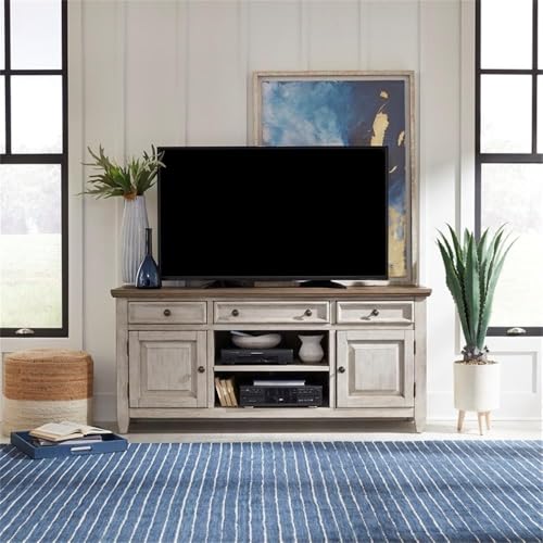 Liberty Furniture 66 Inch White Tile TV Console Featuring Vintage Design, Ample Storage, and Customizable Decorative Panels for Living Rooms