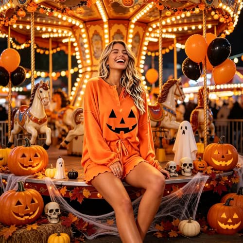 Image of Roshop Halloween Pajama Women's Pumpkin Matching Top & Shorts Loungewear Set