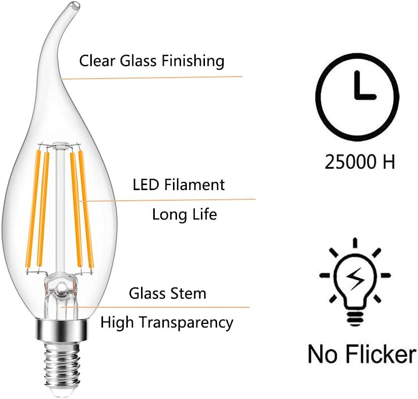 Ruihua E14 6W LED Filament Bulb Warm White 2700K(Equivalent 60W Halogen Bulb) Not Dimmable Small Vintage Energy Saving Lamp 600LM Edison Screw C35 Candle Bulbs,Pack of 5 - Image 5