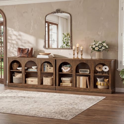 Image of Tribesigns Farmhouse Console Table Set of 2, Extra Long Entryway Table with 3 Tier Storage, Wooden Rectangular Sofa Table Behind The Couch for Entrance, Hallway, Living Room, Dark Brown