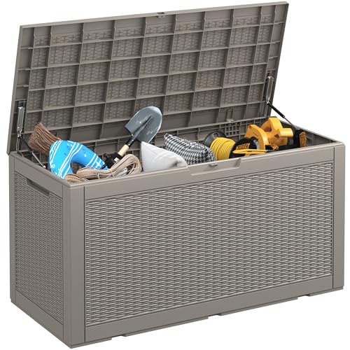 NUNU LAB 102 Gallon Large Waterproof Resin Deck Box, Lockable Outdoor Storage Box with Gas Lift, Patio Cushions, Garden Tools, Pool Supplies, Indoor Outdoor Storage Container, Grey