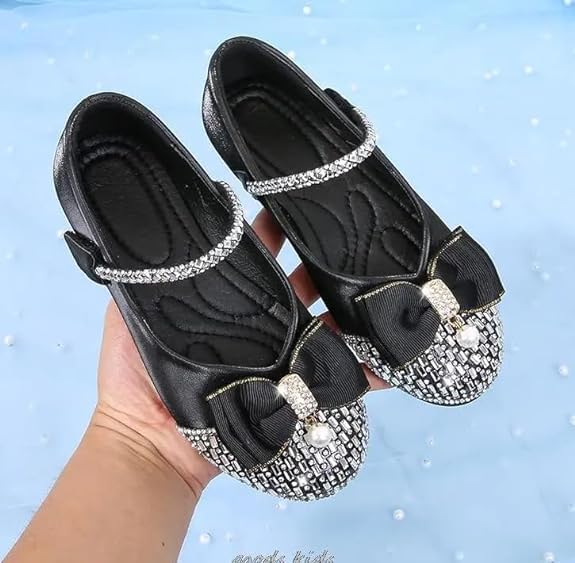 Girls Elegant Dress Shoes with Rhinestone Bow and Pearl Embellishment | Stylish Party Flats for Special Occasions, Weddings, Birthdays | Ivory, Black, Pink - Sizes 8-2 US Kids4