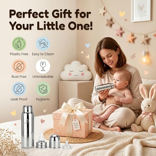 Image of StarAndDaisy Baby Milk Bottle for new Born /Infant /Toddler Pack of 250 ML SUS 304 Steel Baby Feeding Bottle for 0+ Months, BPA Free Leakproof, Anti Colic, Easy to Clean