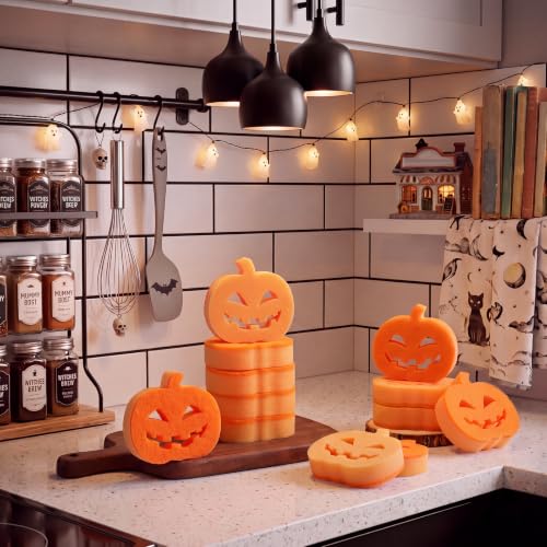 Image of Tioncy 12 Pack Pumpkin Kitchen Sponges Bulk Gothic Dual Sided Scrubber Jack O Lantern Sponges Reuseble Non Scratch Dishwashing Kitchen Cleaning Accessories for Cookware Pot Boiler Pan Household