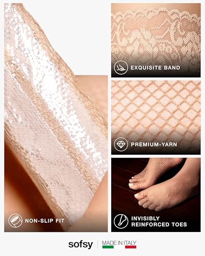 Image of sofsy Italian-Made Soft Fishnet Stockings for Women | 10-Year Hosiery Craftsmanship, Soft Dual Silicone Lace Top, Thigh Highs, Small Grid, Dig-Free, Stretchy