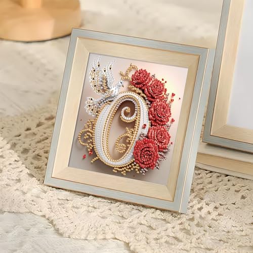 Image of AiYuanzsh 5D Diamond Art Kits for Adults Letter O, Ornamental Rose & Dove Special Shape Diamond Painting Kit, Luxury Alphabet DIY Crystal Rhinestones Diamond Art for Home Wall Decor 17x17cm