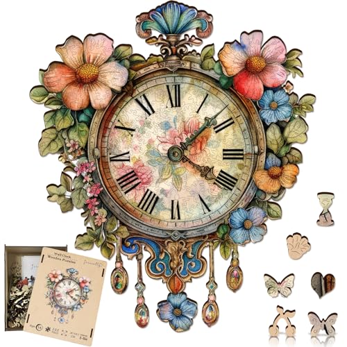Wooden Puzzles for Adults 200 Pieces, Vintage Floral Clock, Unique Shaped Jigsaw Puzzle, Relaxing Gift for Mom Women, Home Wall Decor, 10.6x12.2 in