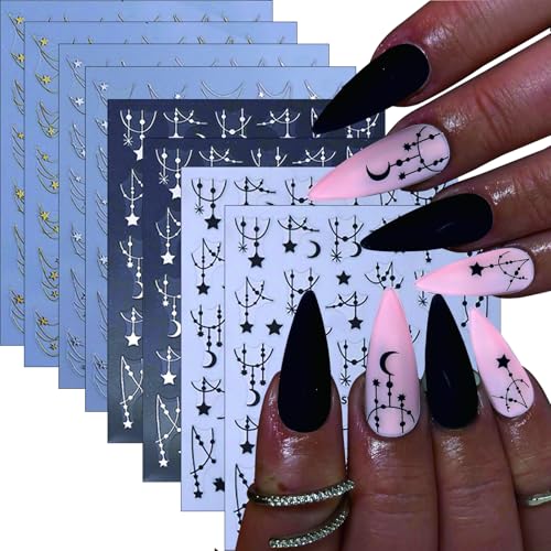 Mkwntg 8 Sheets French Tip Nail Art Stickers for Design Nails Gold Silver Line Stars Moon Nail Accessories Five-Pointed Star Nail Decals Simple Beauty Nail Decorations for Women DIY Manicure Decor
