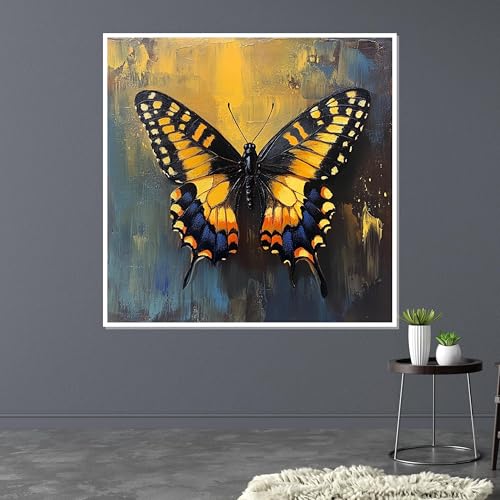 Tableau sur toile papillon jaune et noir 70x70cm avec cadre intérieur pour salon