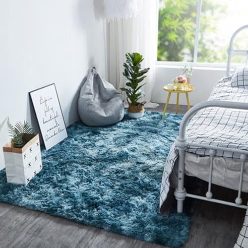 Image of Fluffy Shaggy Rugs Living Room - Non Slip Soft Plush Modern Floor Carpet - Non Shedding Thick Pile Area Rug for Bedroom, Nursery, Lounge, Kids Room (Teal, 80 X 150 CM)