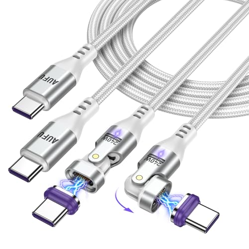 AUFU Paquete de 2 cables de carga magnéticos de 1,8 m, cargador magnético giratorio de 180°, nailon trenzado tipo C, cable de carga rápida 48V/5A, cable de carga USB C de transferencia rápida de datos