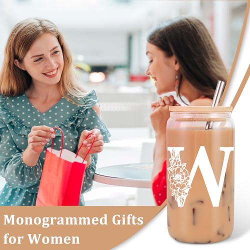 Image of Coolife Initial Glass Cup, Monogrammed Gifts for Women, 16 oz Tumbler w /Lid | Iced Coffee Smoothie Beer Tumbler w /Straw Lid - Personalized Christmas, Birthday Gifts for Woman Her Mom Friend