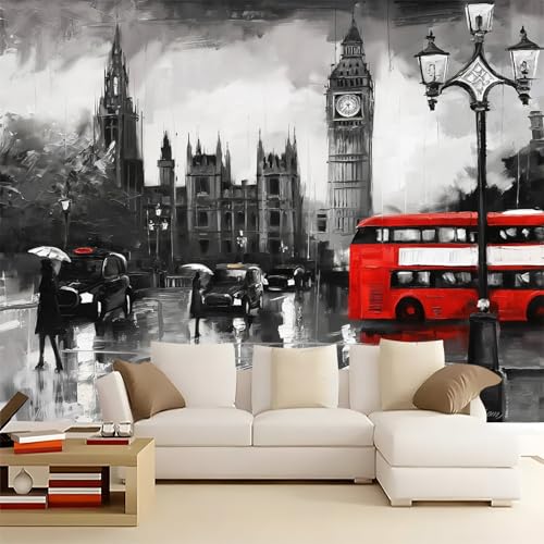 Papier Peint Intissé Scène de rue de Londres Peinture à l'huile Papier Peint Panoramique Gris Tableaux Photo Muraux Utilisé Pour Salon Chambre Chambre...