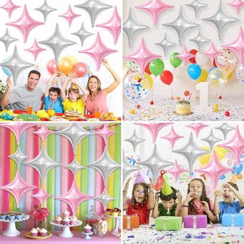 Image of Pink Silver Star Balloons,12Pcs Four Angle Star Foil Balloons,26Inch and 10Inch Pink Silver Quadrangle Helium Balloon for Birthday Anniversary Baby Shower Wedding Party Decorations