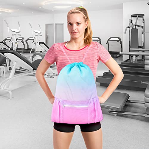 Mesh Drawstring Bag with Zipper Pocket, Beach Bag for Swimming Gear Backpack Gym Storage Bag for Adult Kids Pink Blue - Image 2
