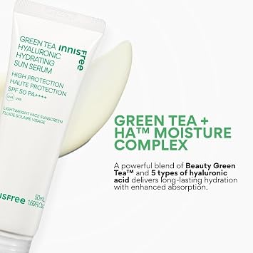INNISFREE Green Tea Hyaluronic Hydrating Sun Serum SPF 50, Moisturising Korean Sun Protection with long-lasting Hydration & instant Moisture Boost, for Glowing Skin 50ml