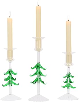 NEEDOMO Christmas Decorations Indoor, Set of 3 Glass Christmas Tree Candlestick Holders for Home Decor, Taper Candle Holders Table Centerpieces for Xmas Wedding Party Mantel Decor