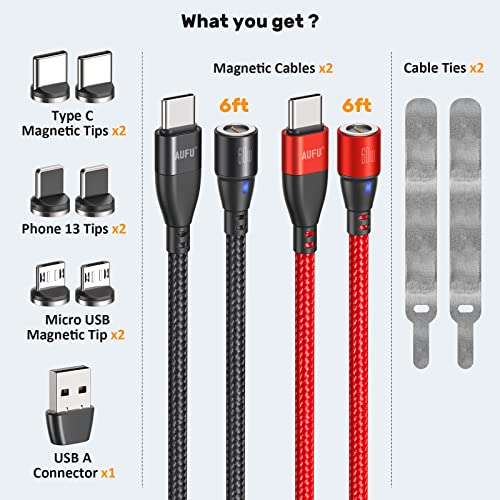 6 In 1 Usb A & Type C To C Pd Fast Charging Magnetic Charging Cable [ 2Pack 6Ft], Aufu 60W Usb C To Usb C Magnetic Fast Charger Cable Data Sync Magnetic Phone Charger Cable For Laptop Type C Micro #TOP1