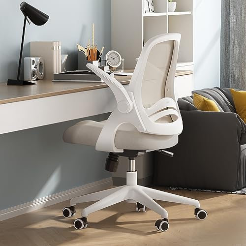 Hbada Office Chair Desk Chair with Flip Up Arm, Breathable Mesh Ergonomic Office Chair with Adjustable Height & PU Wheels, Swivel Computer Chair Home Office Chair, Beige